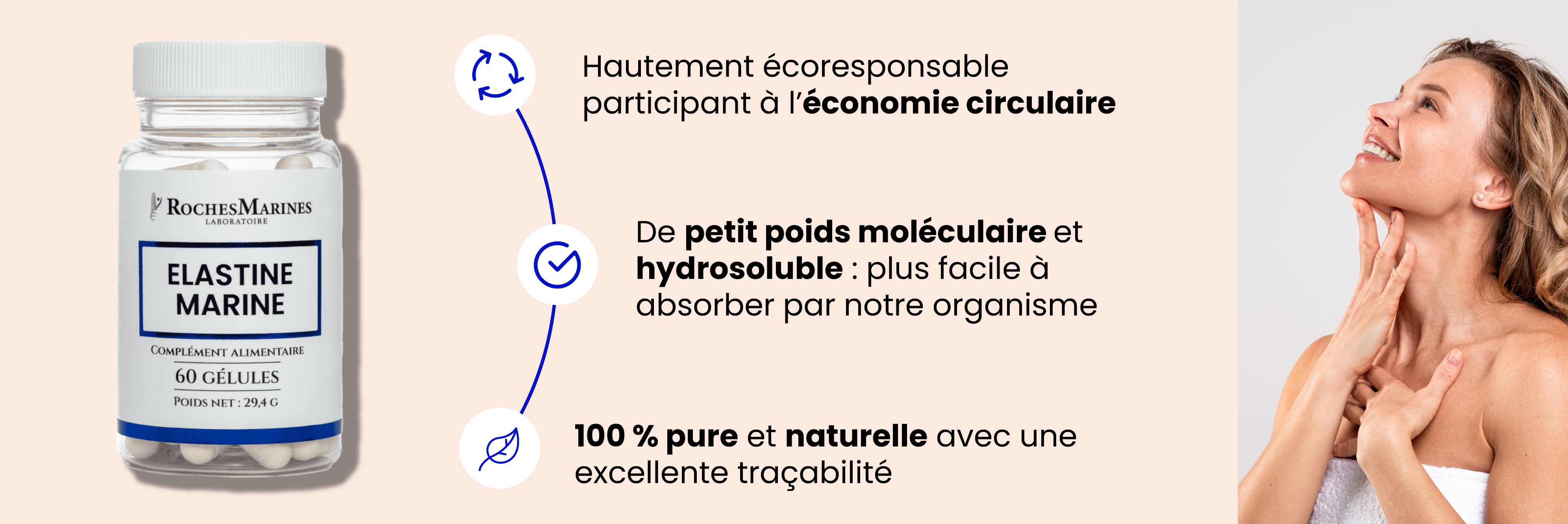 La avantages de l'élastine marine Roches Marines : - Hautement écoresponsable, Participant à l'économie circulaire, - De petit poids moléculaire et hydrosoluble : Plus facile à absorber par notre organisme, - 100 % pure et naturelle avec une excellente traçabilité